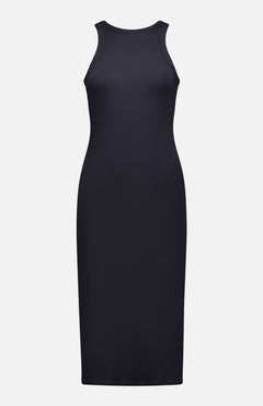 The GREYSON Orion Tank Dress is a sleeveless, fitted black dress with a high neckline and minimalist design, made from ribbed fabric for textured style.
