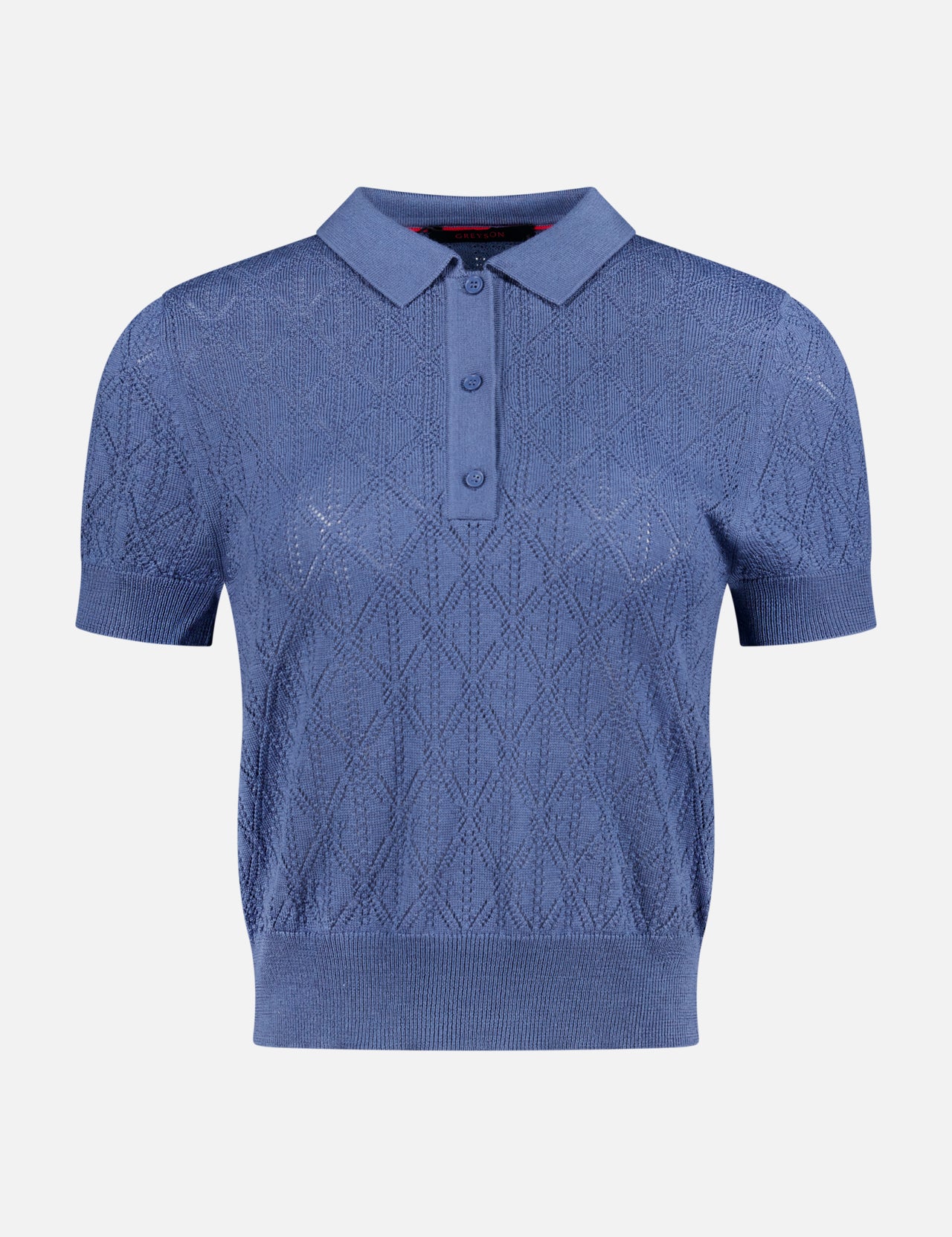 The GREYSON Pointelle Short Sleeve Bardot Sweater is a blue knit top in a wool-silk blend with a textured diamond pattern, ribbed cuffs and hem, and a three-button placket. Shown against a plain white background.