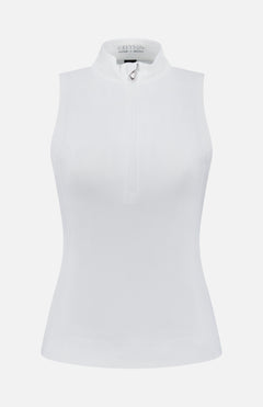 The GREYSON Sleeveless Halley Quarter Zip Top is a slim fit, white pullover with a mock neck, partial zipper, and “GREYSON” label on the inside.