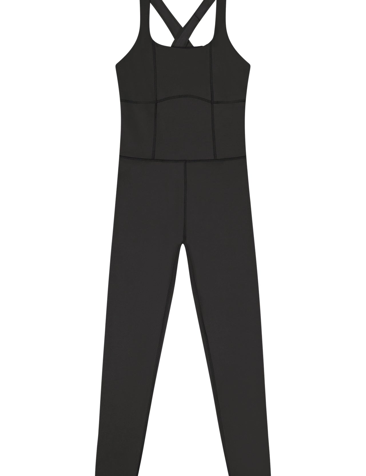 The Tika Jumpsuit by GREYSON is a black, sleeveless, full-length one-piece in ultra-soft fabric with thick cross-back straps and visible front seams.
