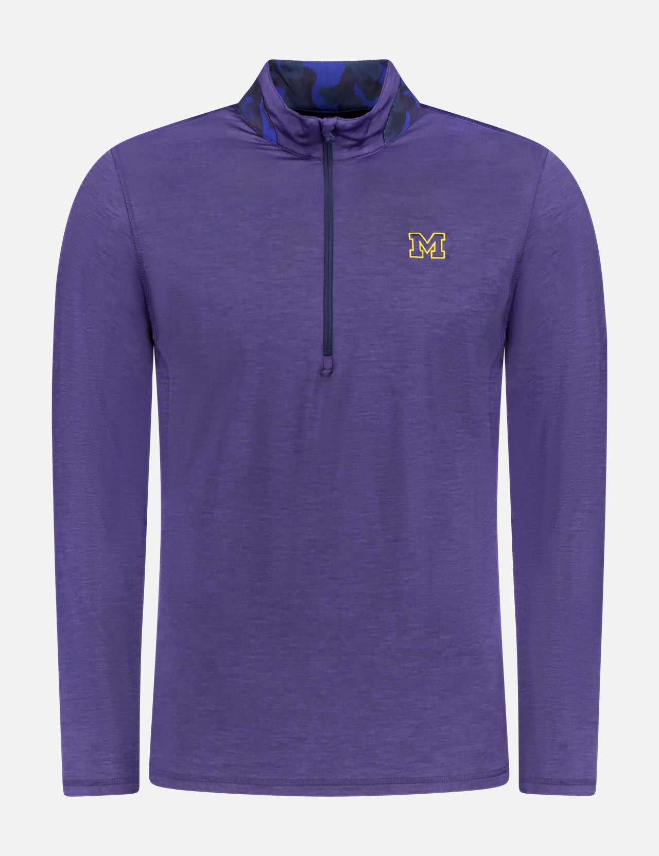 The GREYSON U of M Guide Sport Quarter Zip Shirt is a purple, long-sleeve, athletic fit pullover with a stand-up collar and a small yellow M logo outlined in dark on the left chest.