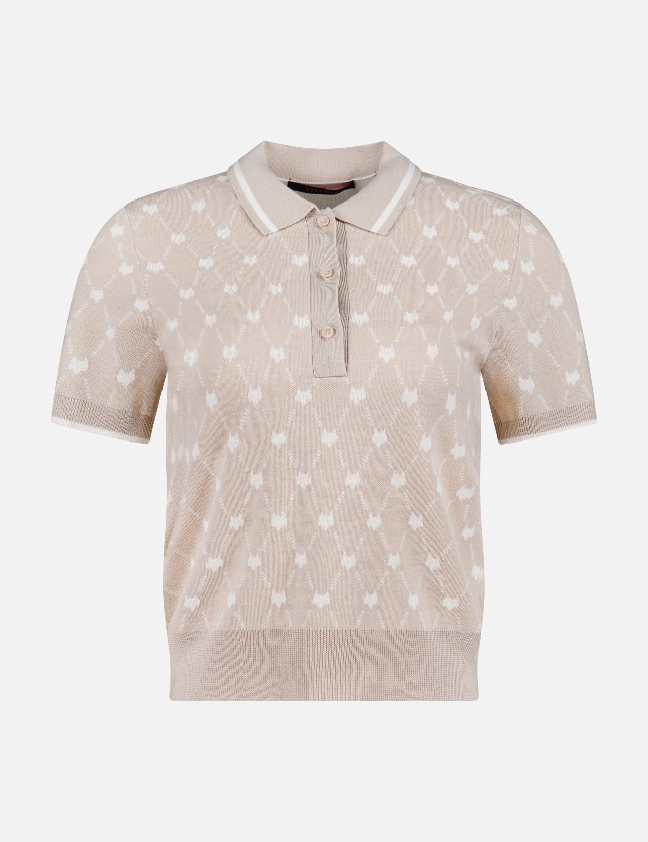 The GREYSON Wolf Chain Jacquard Polo Shirt features a beige color, short sleeves, white geometric pattern, ribbed cuffs and hem, and a three-button placket—designed for comfort and style.