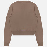 Back view of a taupe Greyson Leith Merino Cardigan sweater, featuring a long-sleeved, cropped wool silk design.
