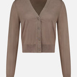 Taupe cropped V-neck button-front Leith Merino Cardigan Sweater by Greyson with long sleeves and ribbed trim.
