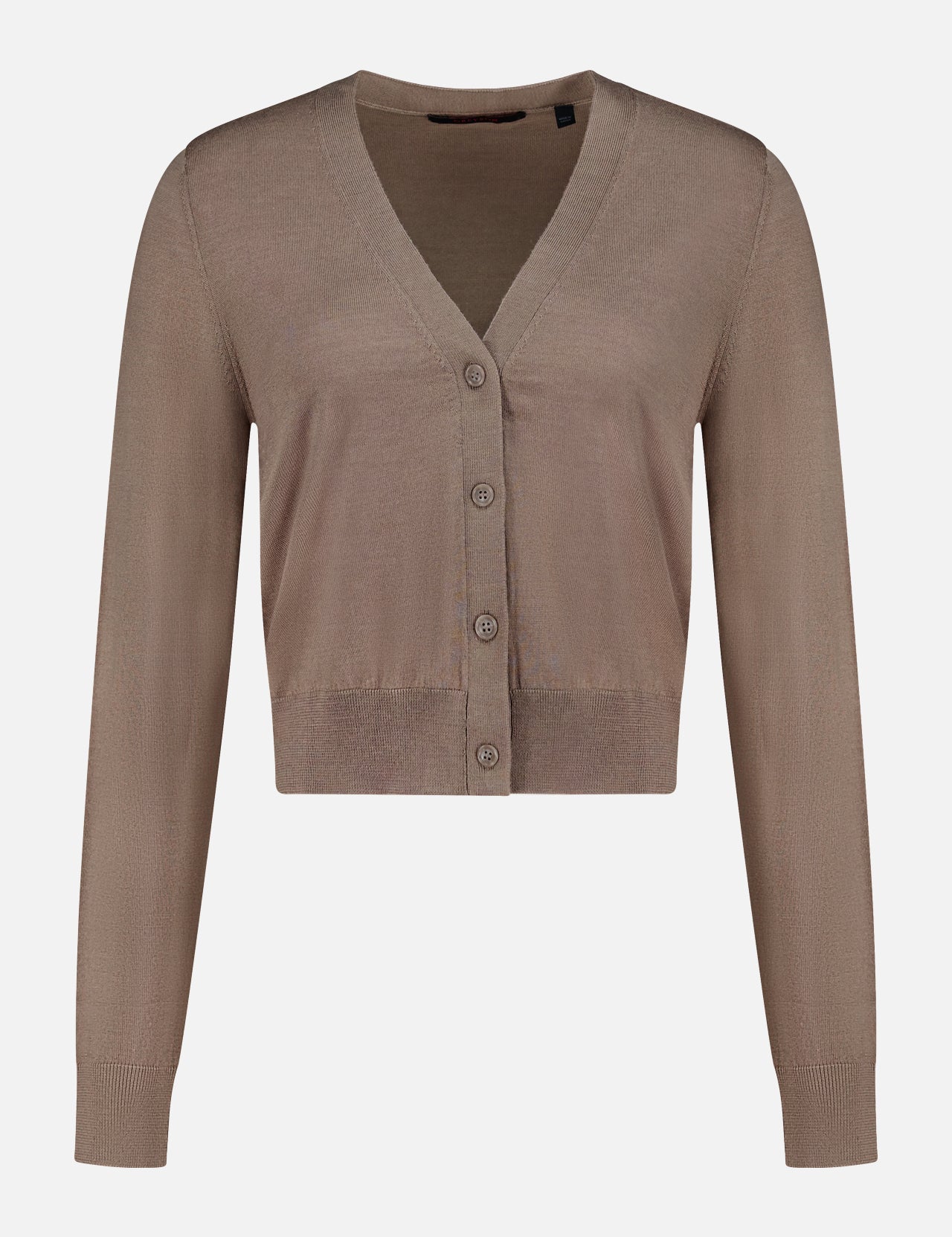 Taupe cropped V-neck button-front Leith Merino Cardigan Sweater by Greyson with long sleeves and ribbed trim.