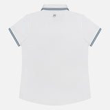 Back view of the GREYSON Slim Fit Luxe Scarlett Polo in white, featuring a collar with thin navy blue stripes on the collar and sleeve cuffs, plus a small embroidered logo below the collar.
