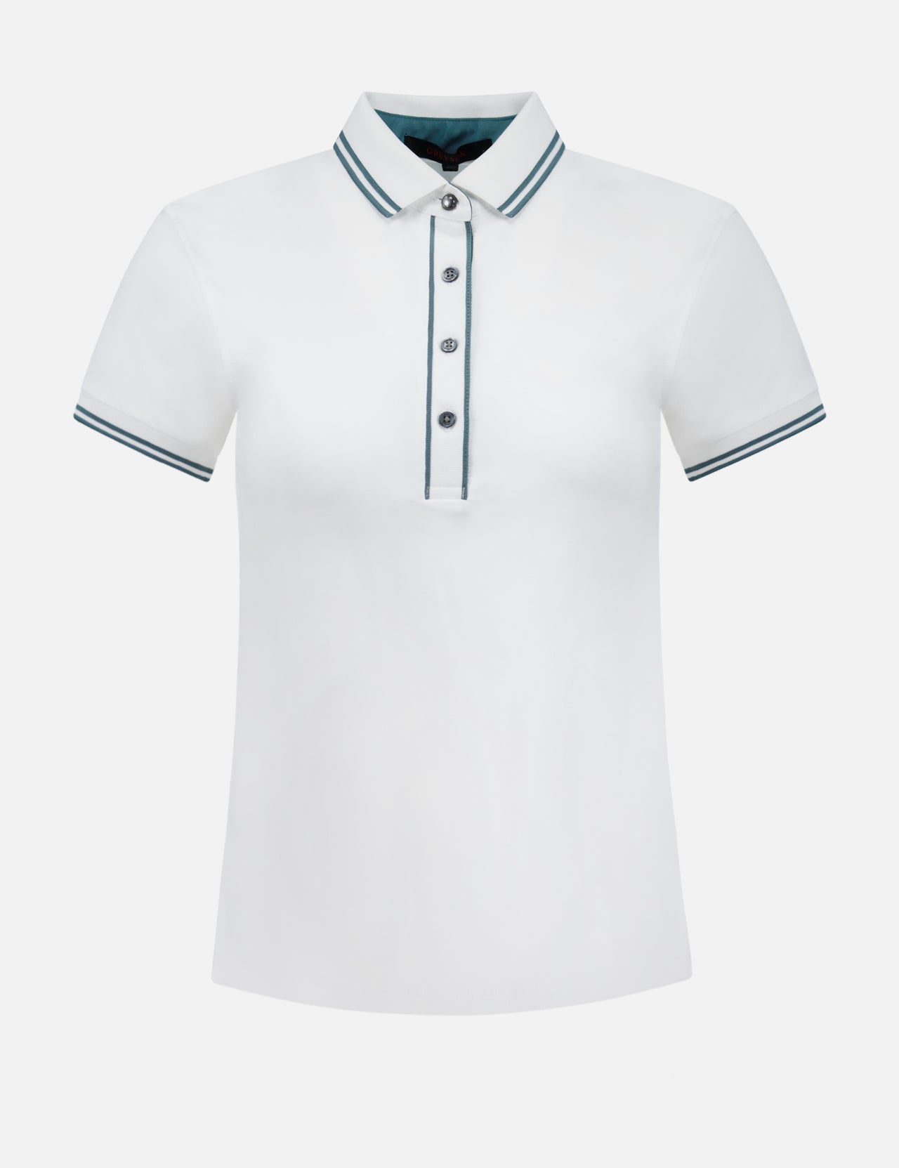 The GREYSON Slim Fit Luxe Scarlett Polo is a white performance polo featuring a collar, button placket, and thin navy stripes on the collar and sleeve cuffs. Shown on a plain white background, it delivers a modern, comfortable slim-fit style.