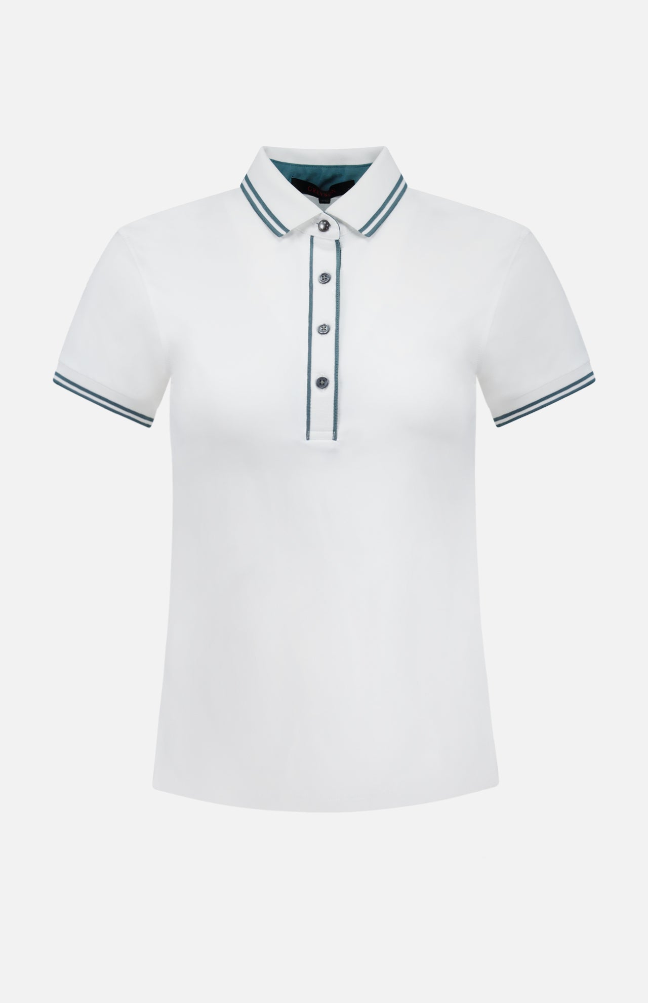 The GREYSON Slim Fit Luxe Scarlett Polo is a white performance polo featuring a collar, button placket, and thin navy stripes on the collar and sleeve cuffs. Shown on a plain white background, it delivers a modern, comfortable slim-fit style.