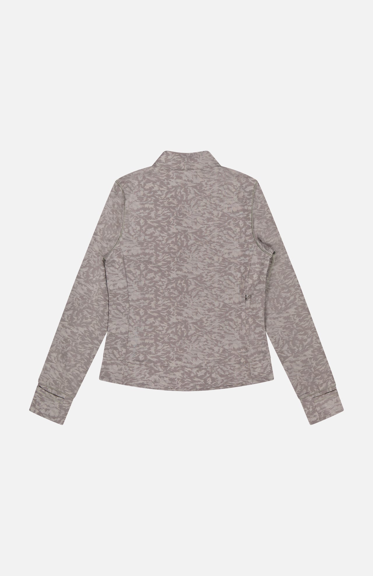 The GREYSON Midas Wolf Jacquard Halley II Quarter Zip is a light grey long-sleeve jacket with an abstract jacquard pattern, collar, and modern fitted waist, shown from the back on a plain white background.