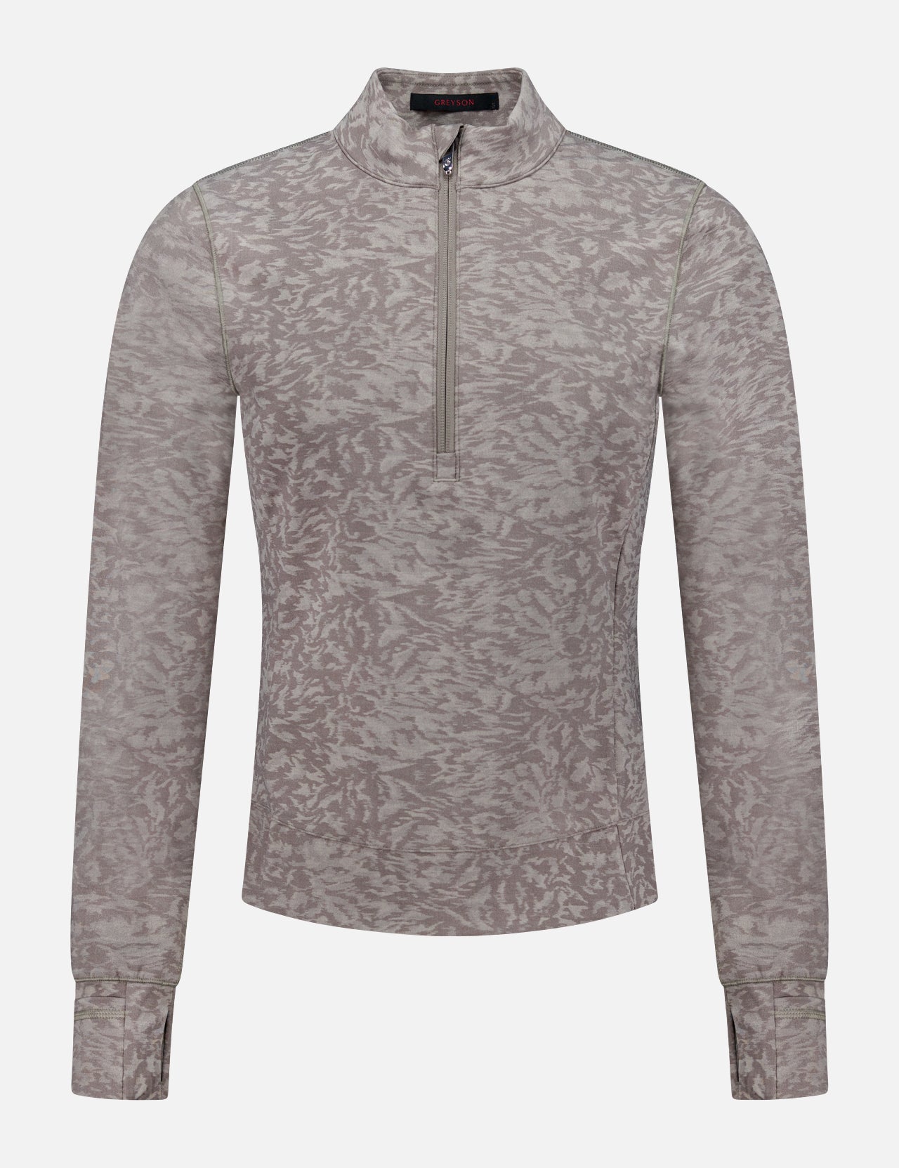 The GREYSON Midas Wolf Jacquard Halley II Quarter Zip is a light gray, long-sleeve athletic pullover with a subtle abstract pattern, high collar, and quarter-zip front, shown on a plain white background.