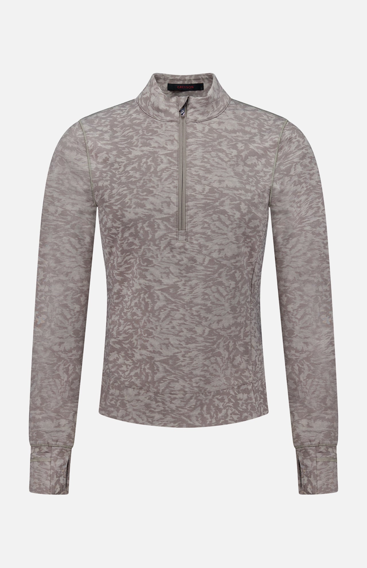 The GREYSON Midas Wolf Jacquard Halley II Quarter Zip is a light gray, long-sleeve athletic pullover with a subtle abstract pattern, high collar, and quarter-zip front, shown on a plain white background.
