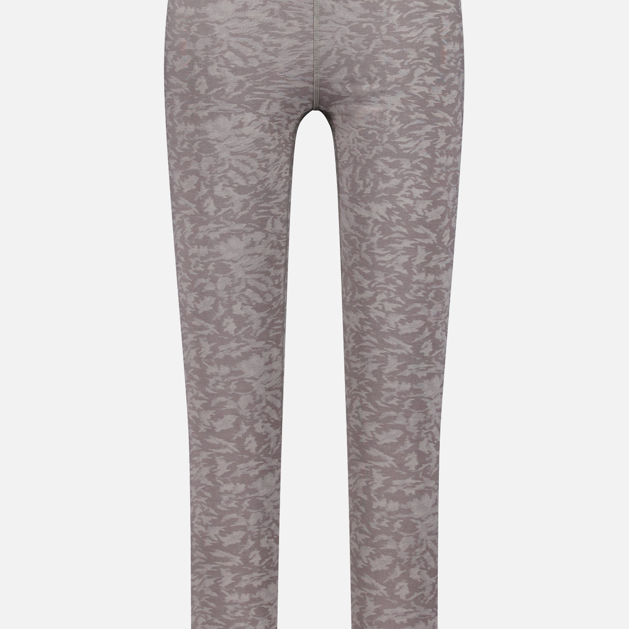 Front view of GREYSON's Midas Wolf Jacquard Legging, high-waisted and crafted from jacquard fabric with a subtle gray and beige abstract pattern on a white background.