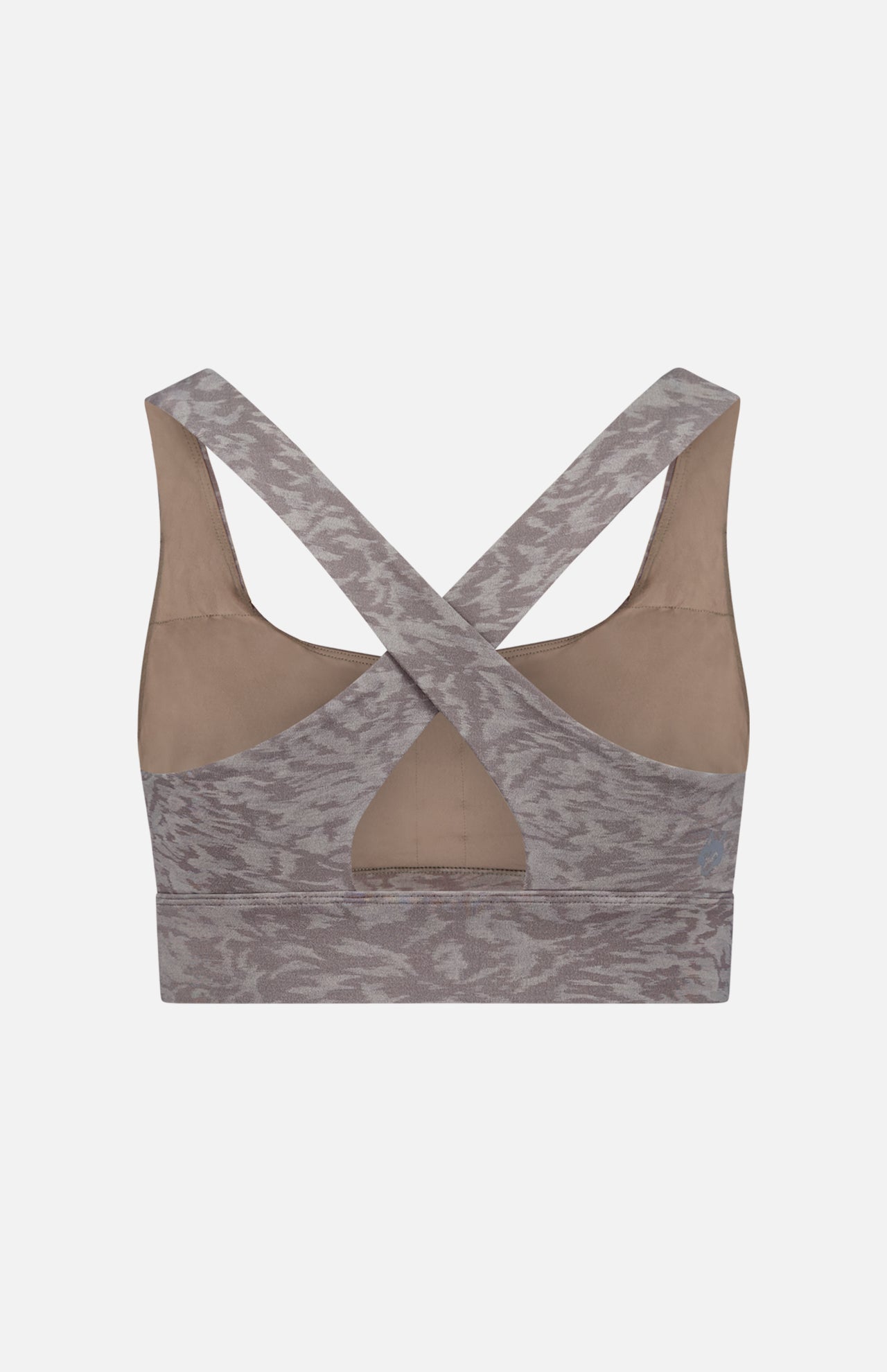 The GREYSON Midas Wolf Jacquard Sports Bra features a taupe and gray animal print, wide crisscross straps, a keyhole back cutout, and breathable stretch fabric for medium support. Shown on a plain white background.