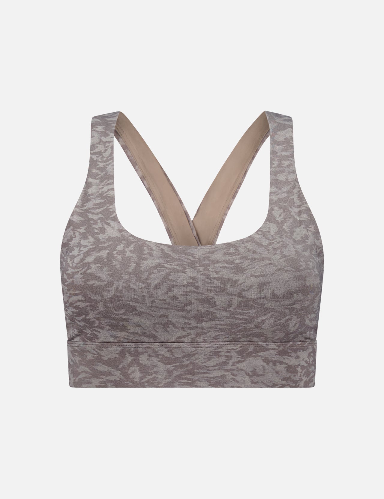 The GREYSON Midas Wolf Jacquard Sports Bra in grey features a subtle abstract pattern, wide cross-back straps, and a thick underband. Made from breathable stretch fabric for medium support, it's displayed on a plain white background.