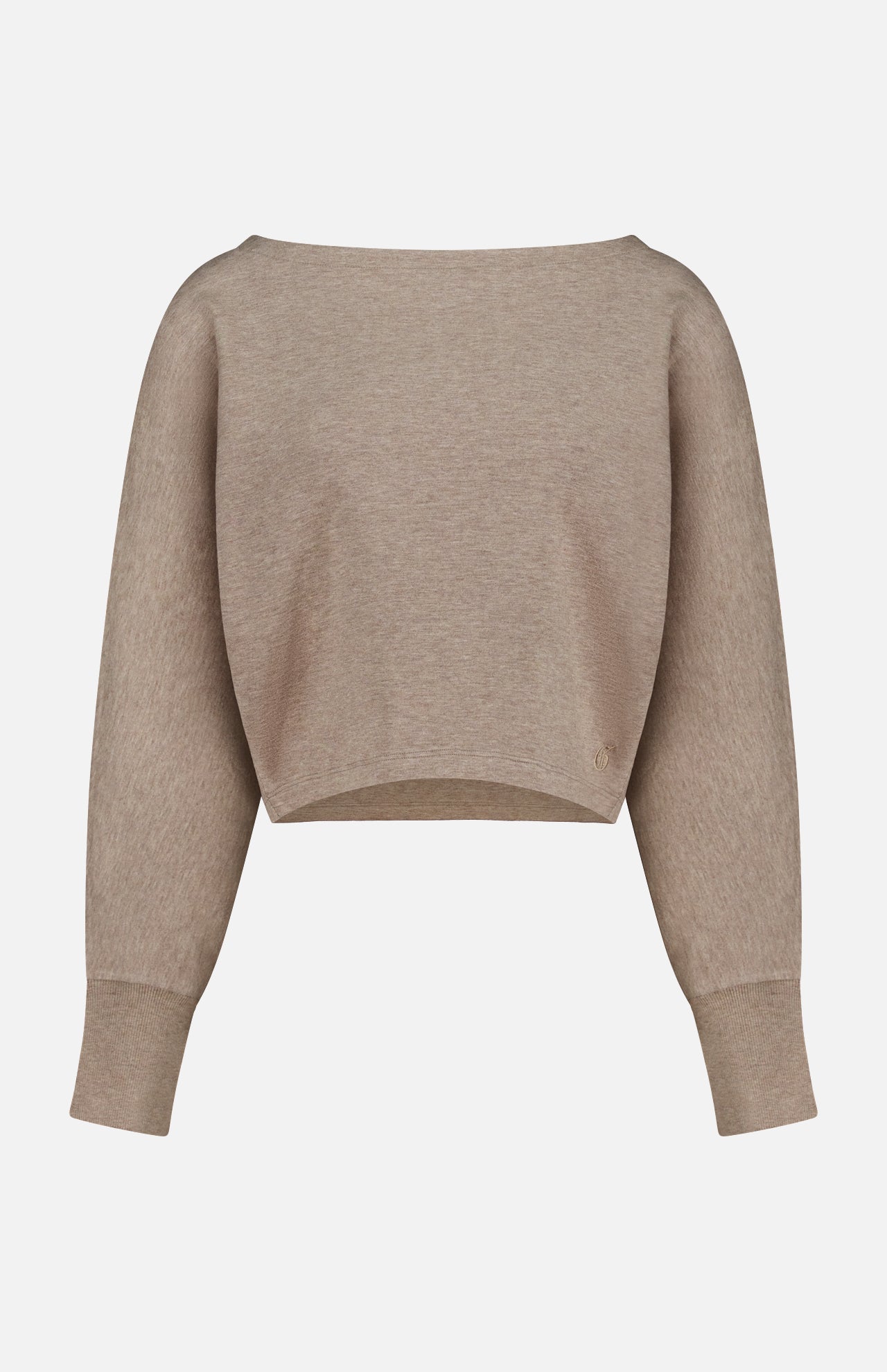 Greyson Ojai Boat Neck Top in taupe, featuring a long-sleeve cotton blend crop silhouette with a wide boat neckline and ribbed cuffs.