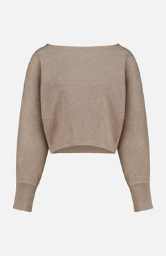 Greyson Ojai Boat Neck Top in taupe, featuring a long-sleeve cotton blend crop silhouette with a wide boat neckline and ribbed cuffs.