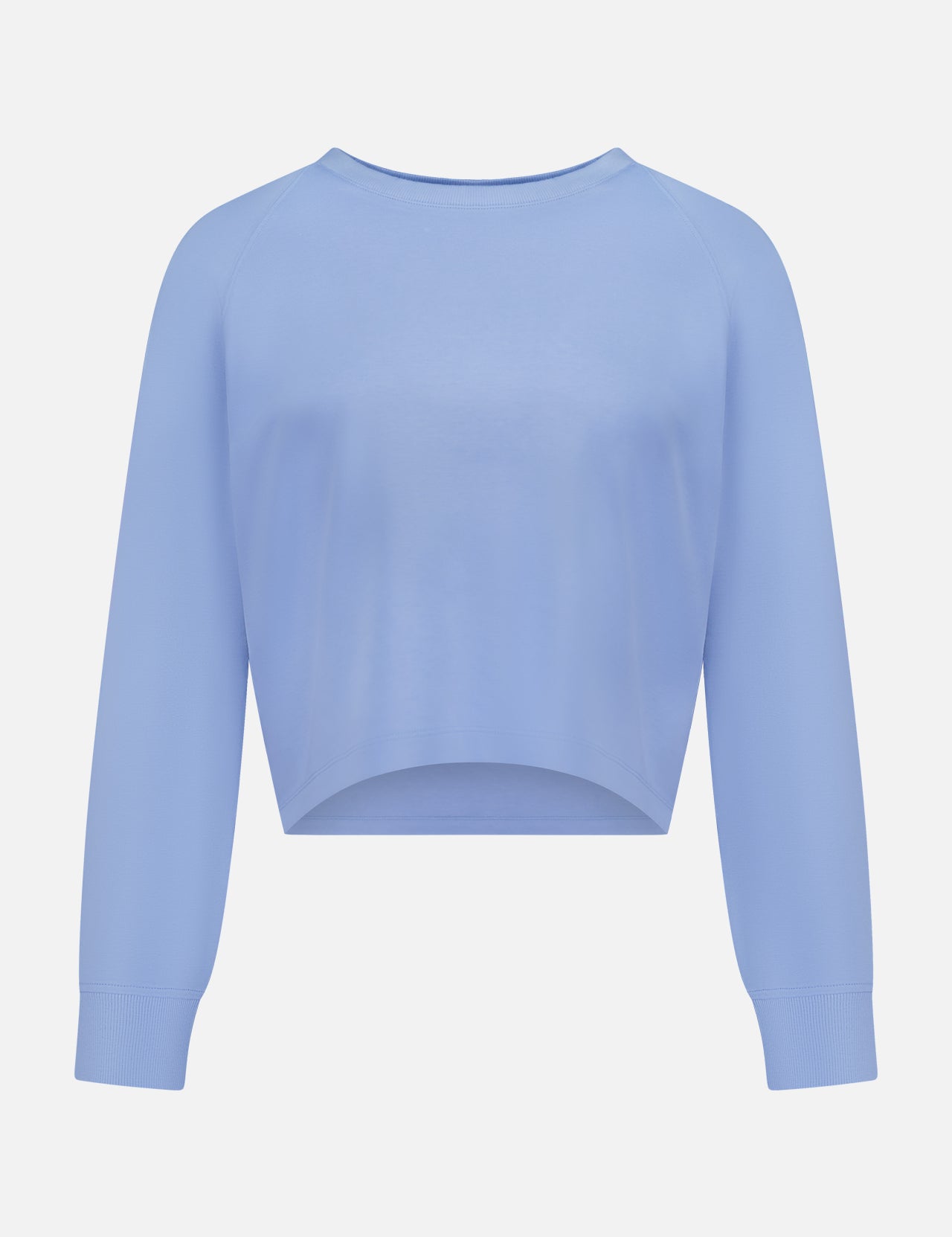 The GREYSON Ojai Cropped Crewneck Sweatshirt in light blue features a cotton blend, crew neck, ribbed cuffs, and a relaxed fit, shown against a plain white background.