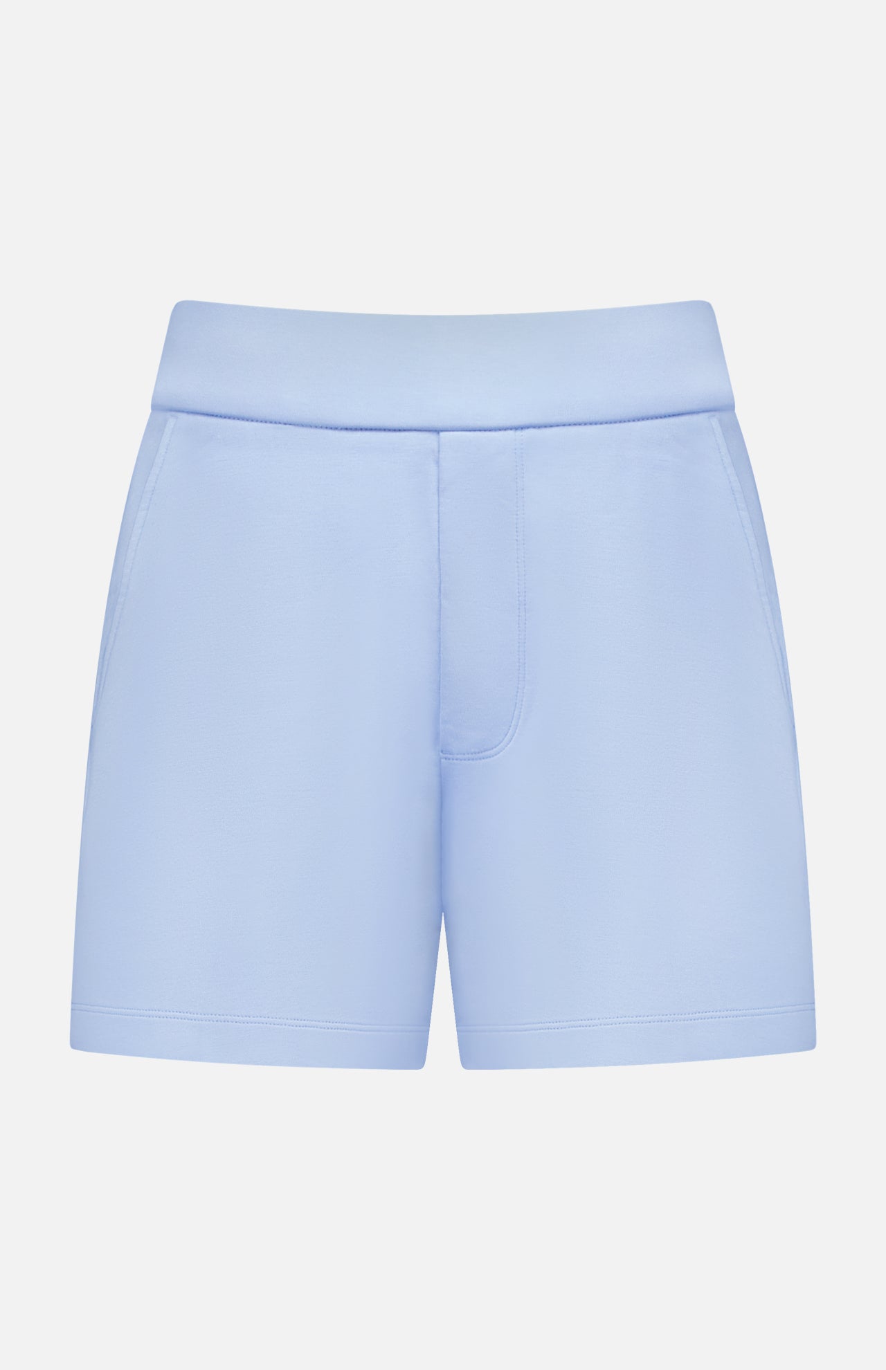 The GREYSON Ojai Trouser Short features a high-waisted fit, wide waistband, and side pockets in a soft cotton blend. Shown in light blue against a white background.
