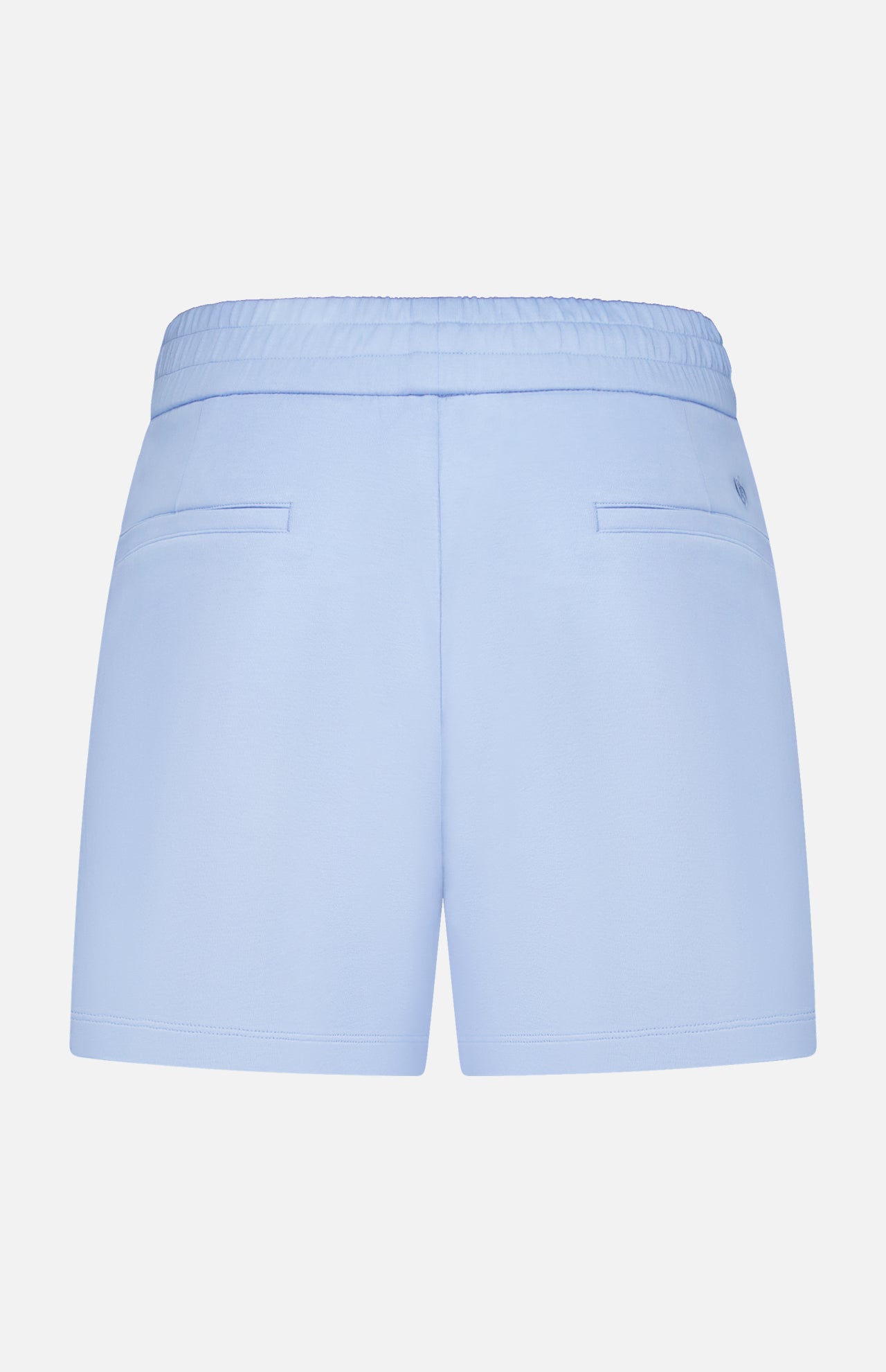 The GREYSON Ojai Trouser Short is shown from the back in light blue, featuring an elastic waistband, two horizontal slit pockets, and a clean, casual design made from a soft cotton blend for everyday comfort.