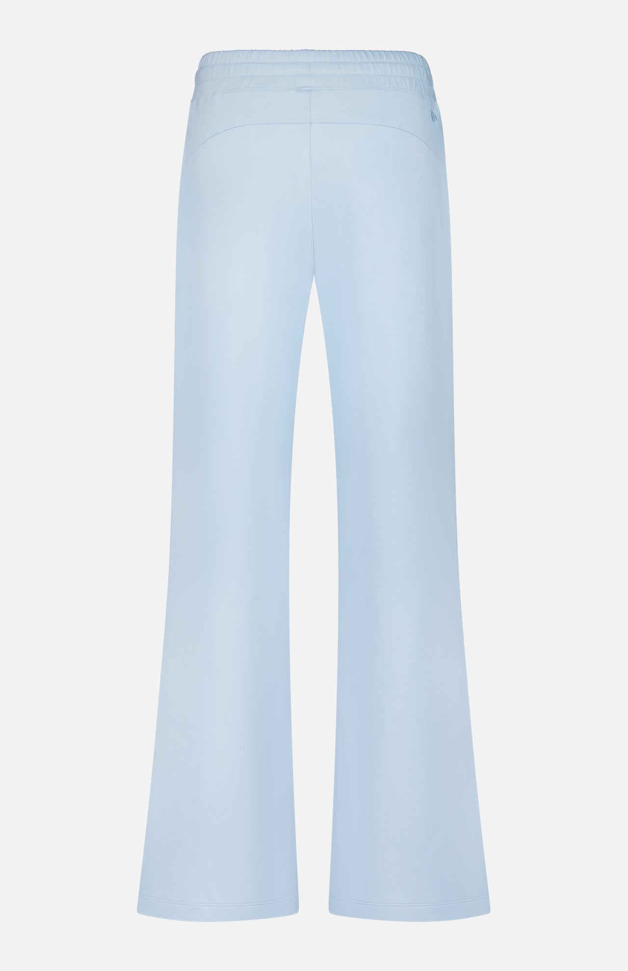 The Ojai Wide Leg Pant by GREYSON is shown from the back against a plain white background, featuring a light blue color, wide-leg silhouette, elastic waistband, and crafted from a soft cotton-blend fabric.