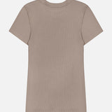 Back view of the Greyson Orion Short Sleeve Top, a taupe rib knit, short-sleeve crewneck T-shirt.