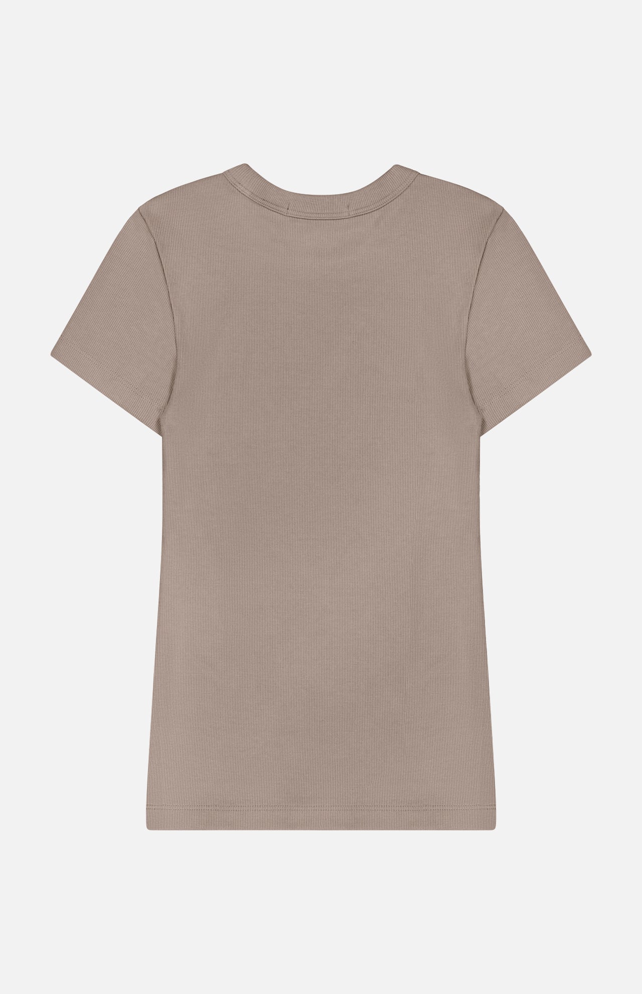 Back view of the Greyson Orion Short Sleeve Top, a taupe rib knit, short-sleeve crewneck T-shirt.