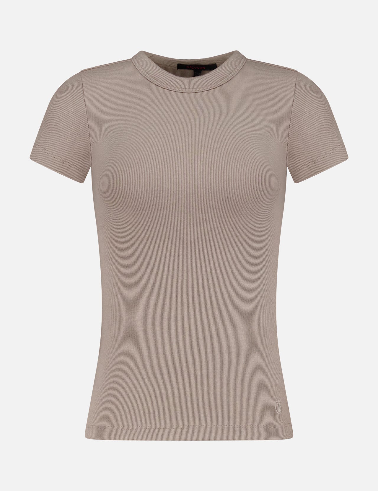 Greyson Orion Short Sleeve Top in a slim fit, taupe ribbed crewneck style.