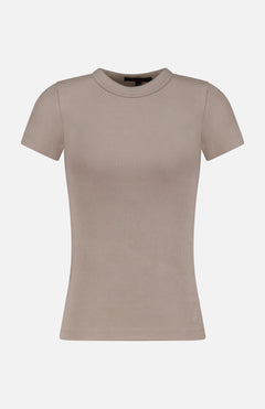 Greyson Orion Short Sleeve Top in a slim fit, taupe ribbed crewneck style.