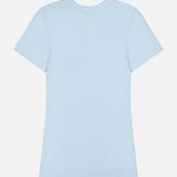 The Orion Short Sleeve Top by GREYSON is displayed laid flat with the back facing up, crafted from soft rib knit fabric in light blue and shown against a plain white background.