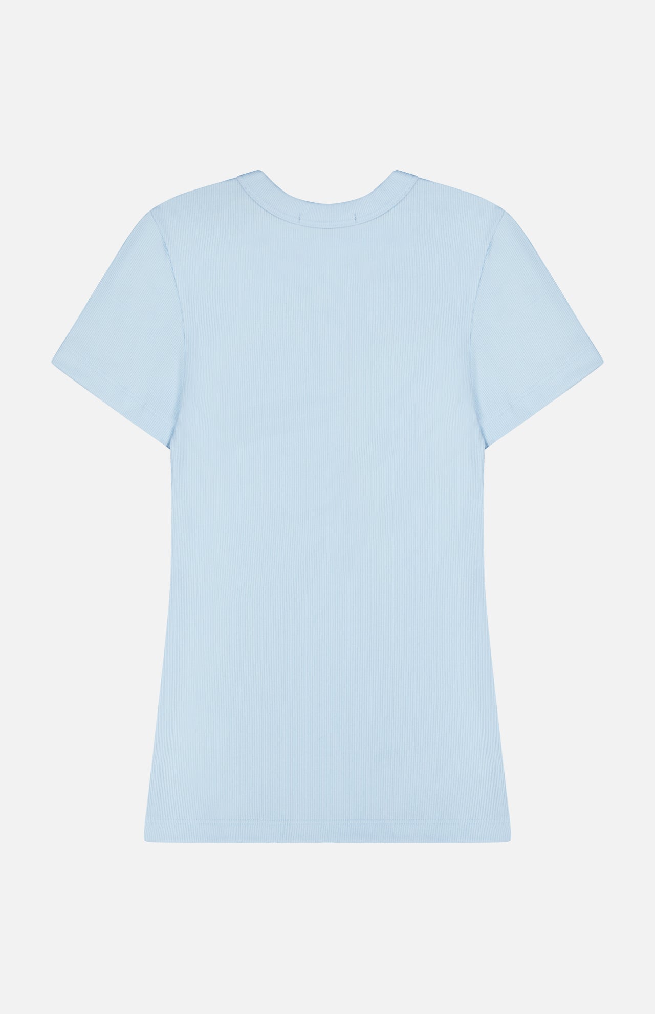 The Orion Short Sleeve Top by GREYSON is displayed laid flat with the back facing up, crafted from soft rib knit fabric in light blue and shown against a plain white background.