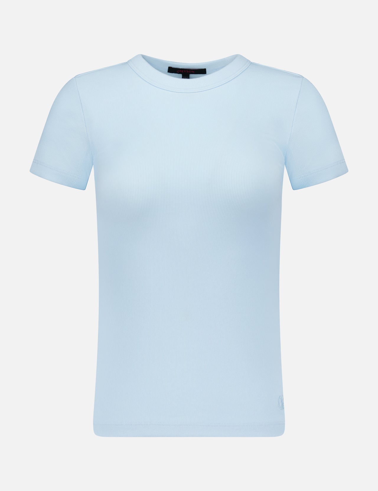 The GREYSON Orion Short Sleeve Top is shown on a plain white background and features a classic crew neck and short sleeves. Made from soft rib knit fabric, this light blue tee offers a slightly fitted shape for a modern slim fit, with no visible patterns or logos for a clean, simple look.
