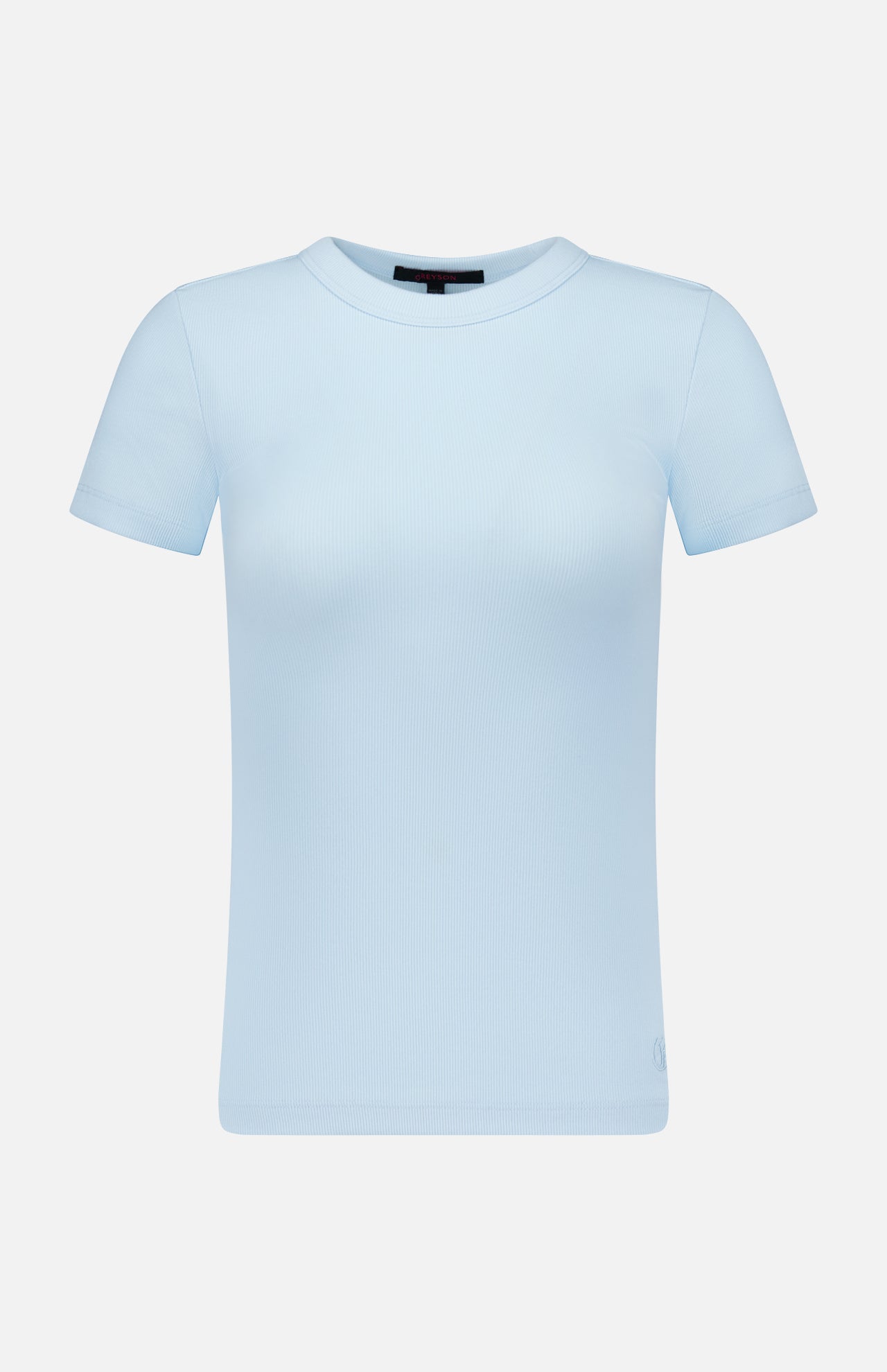 The GREYSON Orion Short Sleeve Top is shown on a plain white background and features a classic crew neck and short sleeves. Made from soft rib knit fabric, this light blue tee offers a slightly fitted shape for a modern slim fit, with no visible patterns or logos for a clean, simple look.