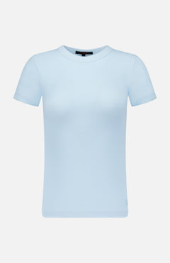 The GREYSON Orion Short Sleeve Top is shown on a plain white background and features a classic crew neck and short sleeves. Made from soft rib knit fabric, this light blue tee offers a slightly fitted shape for a modern slim fit, with no visible patterns or logos for a clean, simple look.