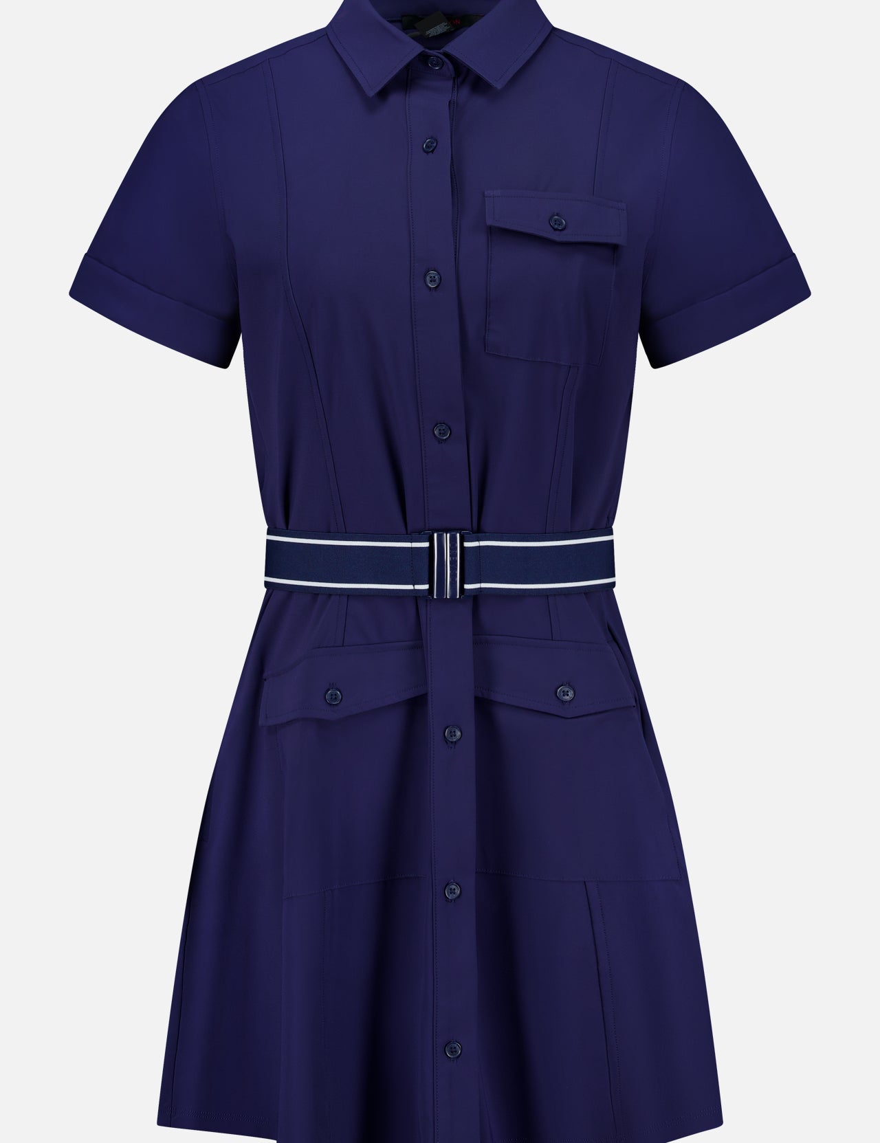 The Phoenix Belted Shirt Dress by GREYSON is a navy blue mini dress with short sleeves, a collared neckline, and a button-down front. Designed with modern sophistication in mind, it features a chest pocket, two front pockets, and a striped waist belt. Expertly crafted from Italian stretch fabric, this technical shirt dress offers a tailored and structured silhouette.