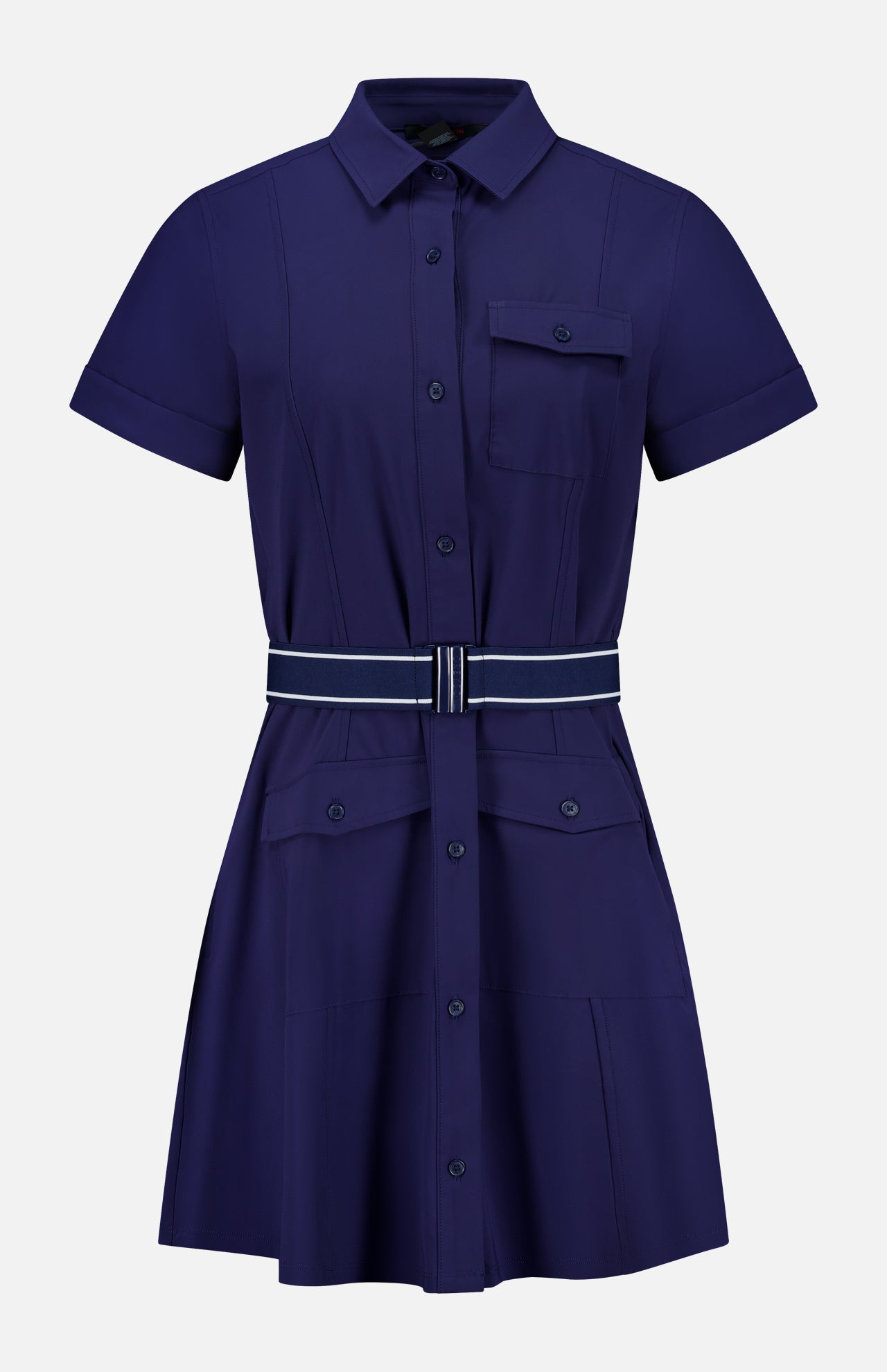 The Phoenix Belted Shirt Dress by GREYSON is a navy blue mini dress with short sleeves, a collared neckline, and a button-down front. Designed with modern sophistication in mind, it features a chest pocket, two front pockets, and a striped waist belt. Expertly crafted from Italian stretch fabric, this technical shirt dress offers a tailored and structured silhouette.