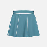 The GREYSON Phoenix Flare Mini Skirt in light blue features a wide elastic waistband, white vertical piping, and a quick-drying boy short lining, shown against a plain white background.