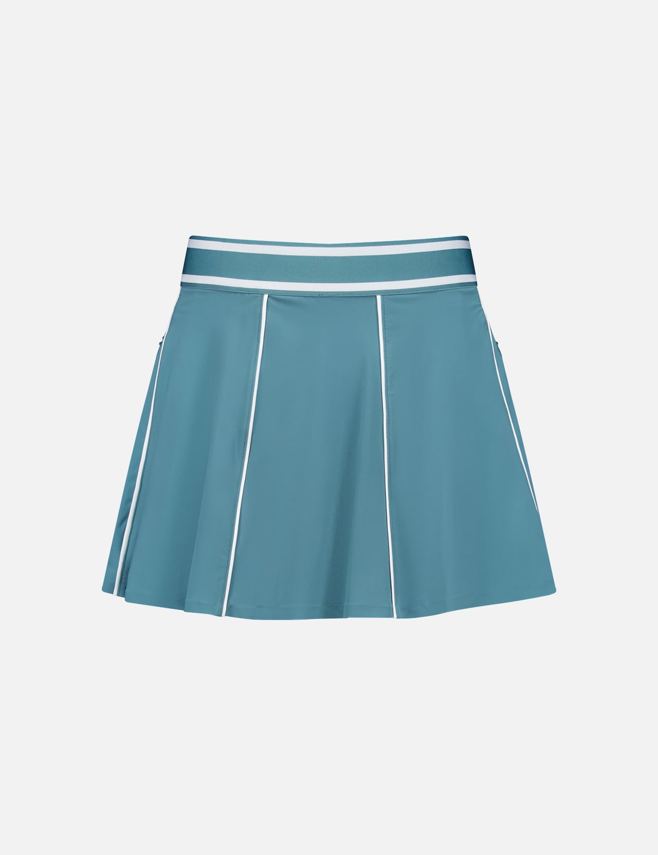 The GREYSON Phoenix Flare Mini Skirt in light blue features a wide elastic waistband, white vertical piping, and a quick-drying boy short lining, shown against a plain white background.