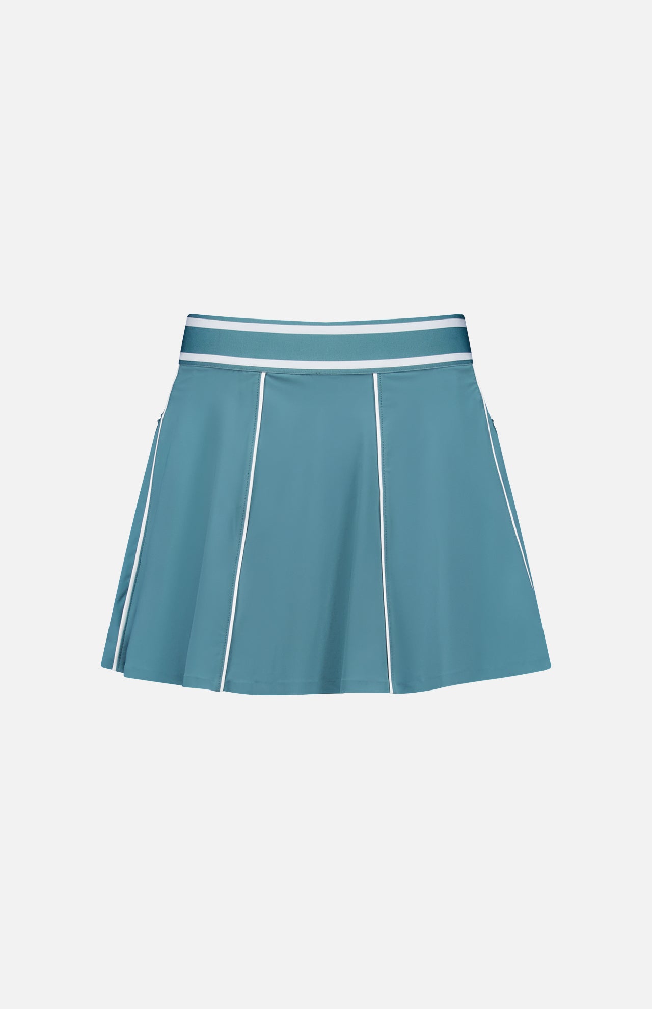The GREYSON Phoenix Flare Mini Skirt in light blue features a wide elastic waistband, white vertical piping, and a quick-drying boy short lining, shown against a plain white background.