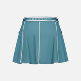 The Phoenix Flare Mini Skirt by GREYSON is a blue athletic mini skirt with white piping, flared hem, logo waistband, side zip pockets, and quick-drying boy short lining, shown on a plain white background.