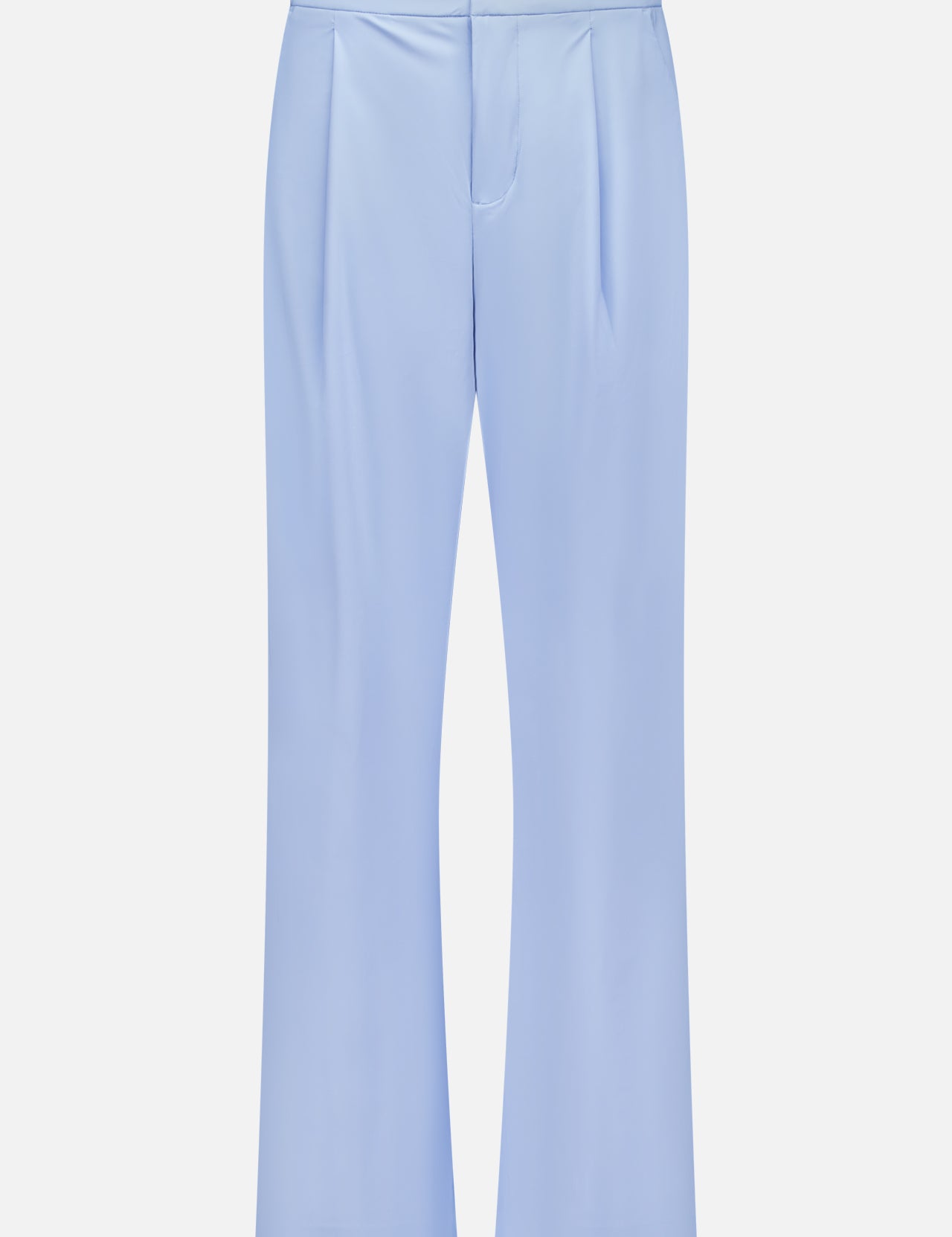 The GREYSON Phoenix Wide Leg Trouser Pant features a high waist, pleated front, and straight legs in light blue Italian-blend fabric, shown against a white background.