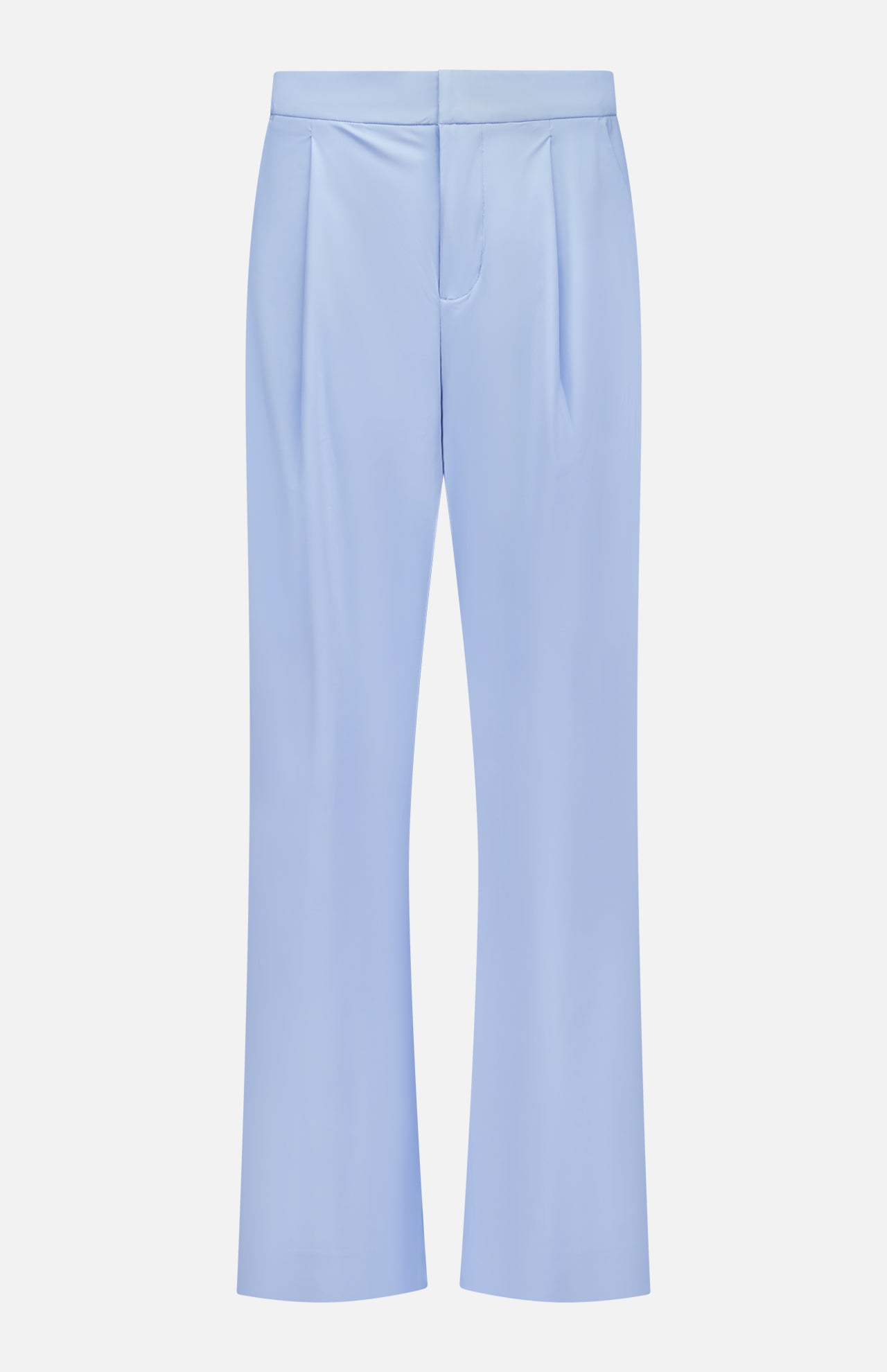The GREYSON Phoenix Wide Leg Trouser Pant features a high waist, pleated front, and straight legs in light blue Italian-blend fabric, shown against a white background.