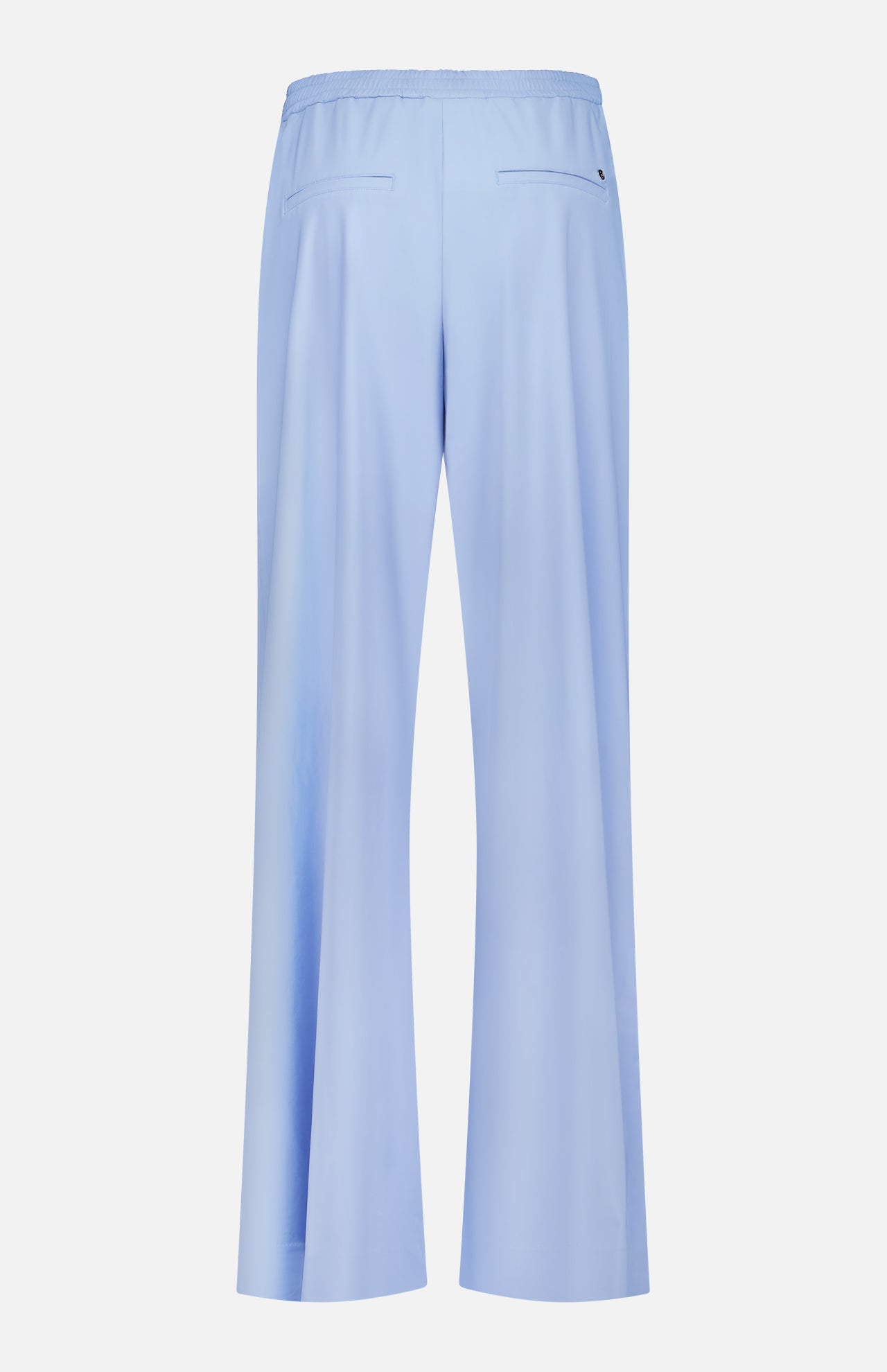 The Phoenix Wide Leg Trouser Pant by GREYSON is shown from the back in light blue, featuring an elastic waistband, high waist, wide legs, and two welt pockets crafted from a premium Italian blend.