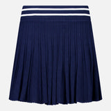 The GREYSON Pointelle Mini Skirt features a navy blue pleated design with a textured pointelle pattern and a wide, elastic waistband accented by two white horizontal stripes near the top. Crafted from quick-dry fabric for enhanced comfort, this dark blue skirt is showcased against a plain white background.