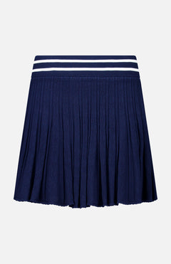 The GREYSON Pointelle Mini Skirt features a navy blue pleated design with a textured pointelle pattern and a wide, elastic waistband accented by two white horizontal stripes near the top. Crafted from quick-dry fabric for enhanced comfort, this dark blue skirt is showcased against a plain white background.