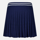 Crafted by GREYSON, the Pointelle Mini Skirt is a navy blue piece with a ribbed texture and pleated design. It features a waistband accented by two white stripes near the top and comes with a built-in undershort for enhanced comfort and coverage.