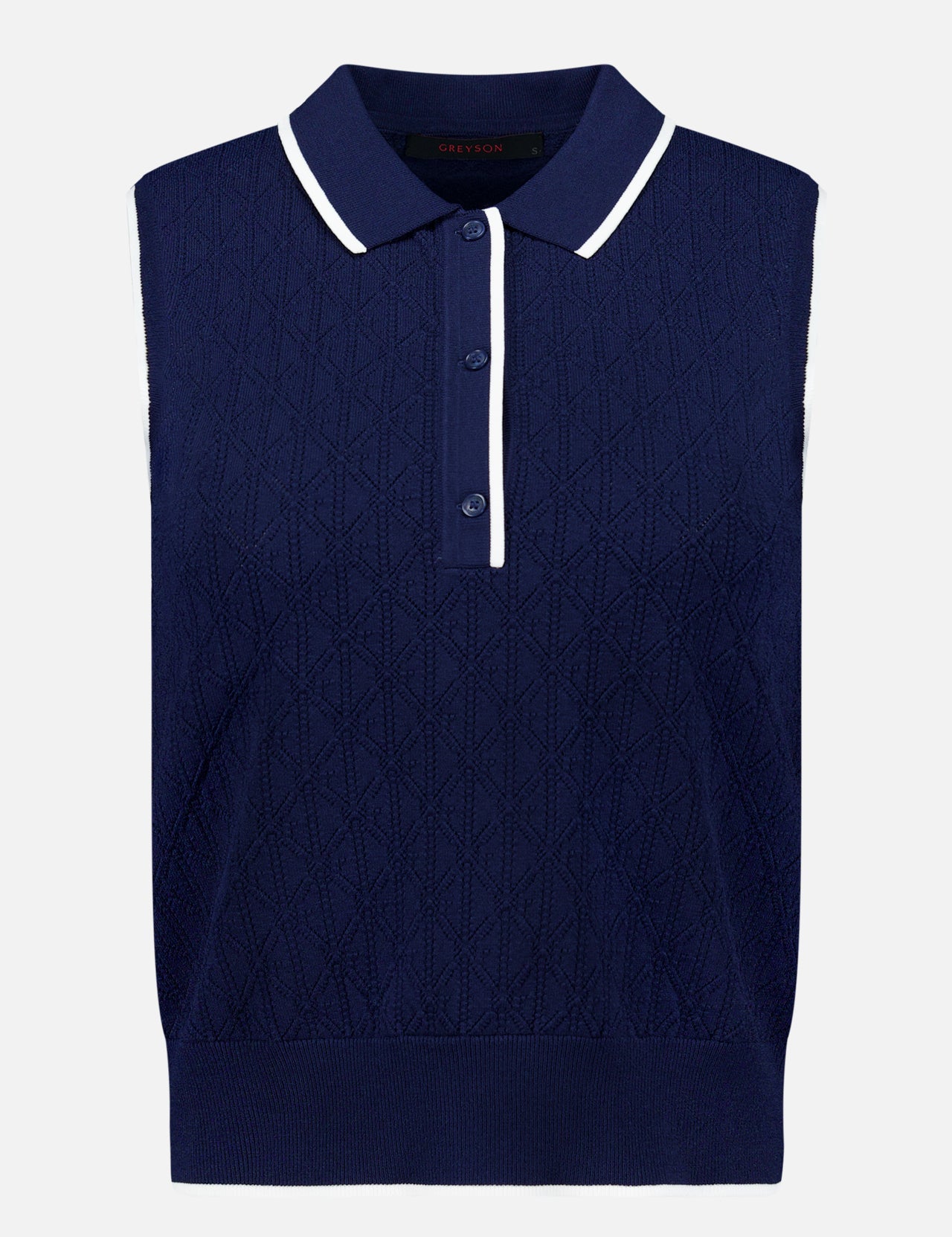 The GREYSON Pointelle Sleeveless Polo Top is a navy knit polo crafted from technical knit fabric with a textured diamond pattern. Featuring three buttons and a white-trimmed collar, this dark blue sleeveless top is shown against a plain white background.