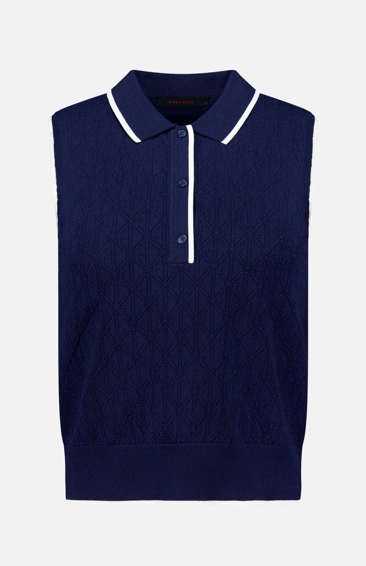 The GREYSON Pointelle Sleeveless Polo Top is a navy knit polo crafted from technical knit fabric with a textured diamond pattern. Featuring three buttons and a white-trimmed collar, this dark blue sleeveless top is shown against a plain white background.