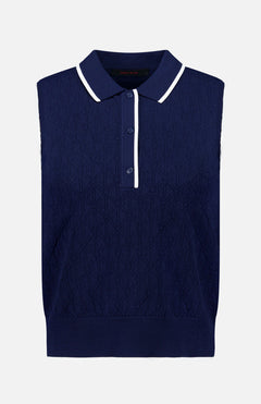 The GREYSON Pointelle Sleeveless Polo Top is a navy knit polo crafted from technical knit fabric with a textured diamond pattern. Featuring three buttons and a white-trimmed collar, this dark blue sleeveless top is shown against a plain white background.