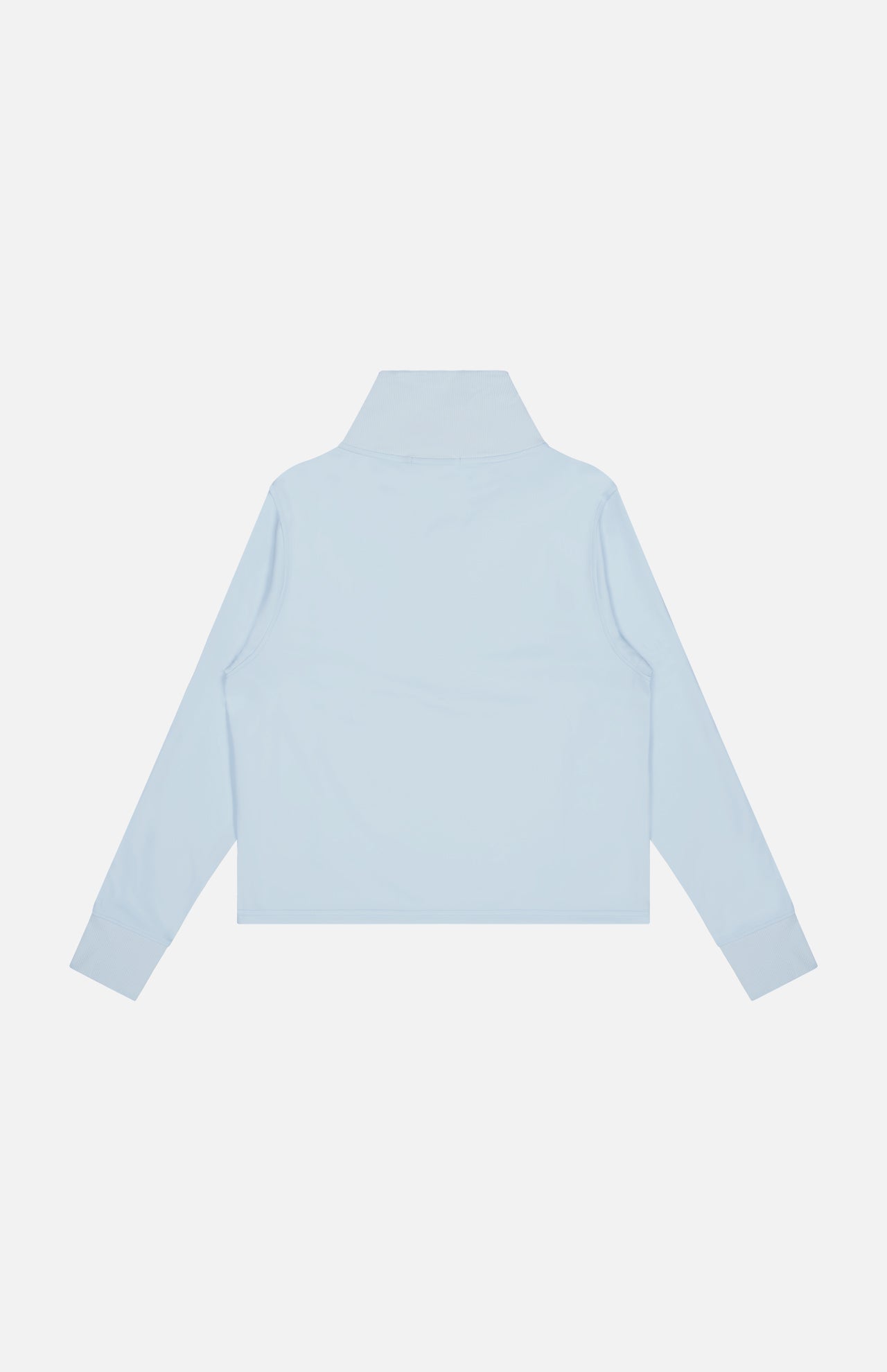 A light blue Soleil 1/2 Zip Pullover Sweater by GREYSON—crafted from premium Italian double-faced fabric with long sleeves and a collared design—is laid flat with the back facing up, set against a plain white background.