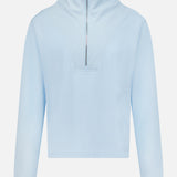 Introducing the GREYSON Soleil 1/2 Zip Pullover Sweater: a light blue, slim-fit long-sleeve with a high collar, ribbed cuffs, and half-zip front closure. Expertly crafted from Italian double-faced fabric, this minimalistic and sporty sweater features no visible logos or patterns. Designed for both outdoor activities and everyday wear, it offers UV and thermal protection for superior comfort.